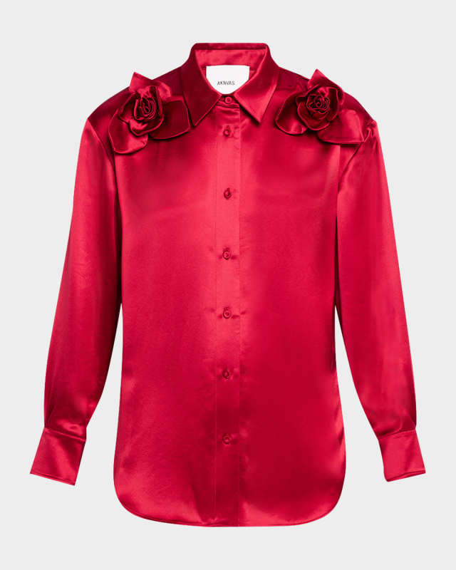 Flor Satin Button-Front Blouse with Roses